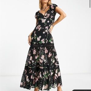 ASOS pintuck maxi dress with lace inserts in floral embroidery NWT